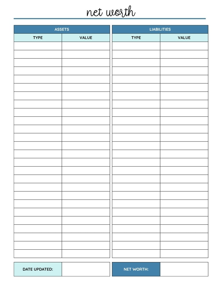 printable net worth tracker, net worth log, printable , PDF, instant download, 