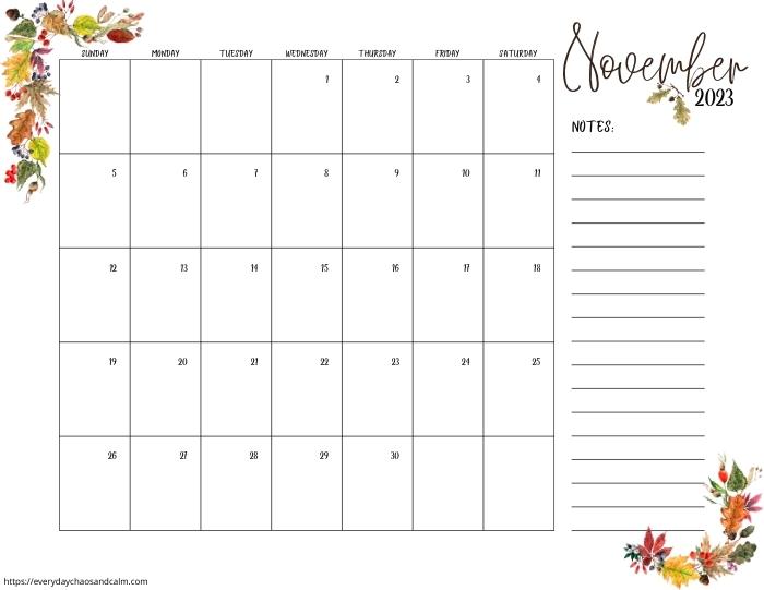 printable November 2023 calendar- sunday start