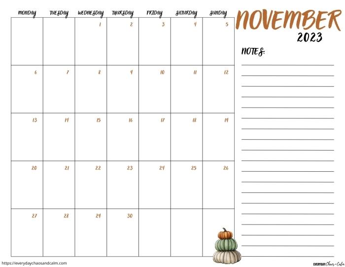 printable November 2023 calendar- monday start