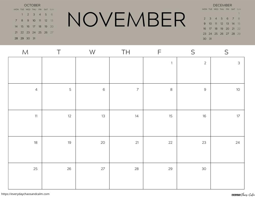 printable November 2024 calendar- monday start