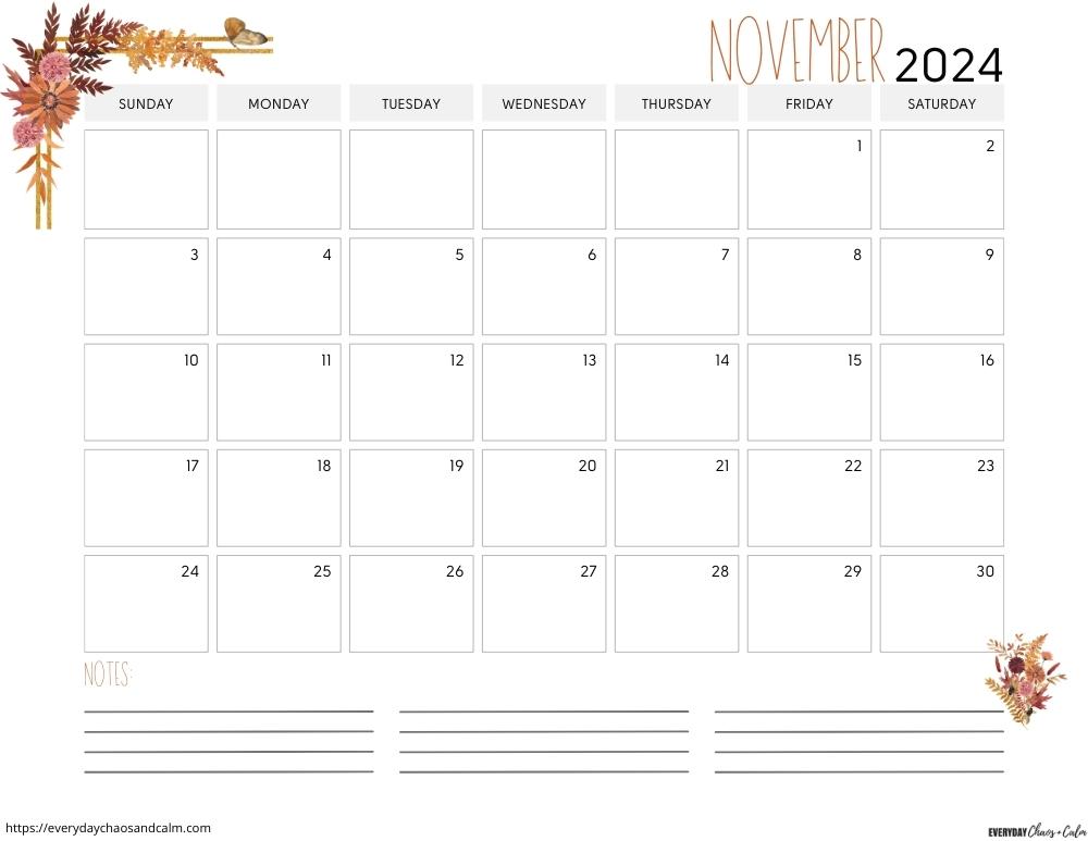 printable November 2024 calendar- sunday start