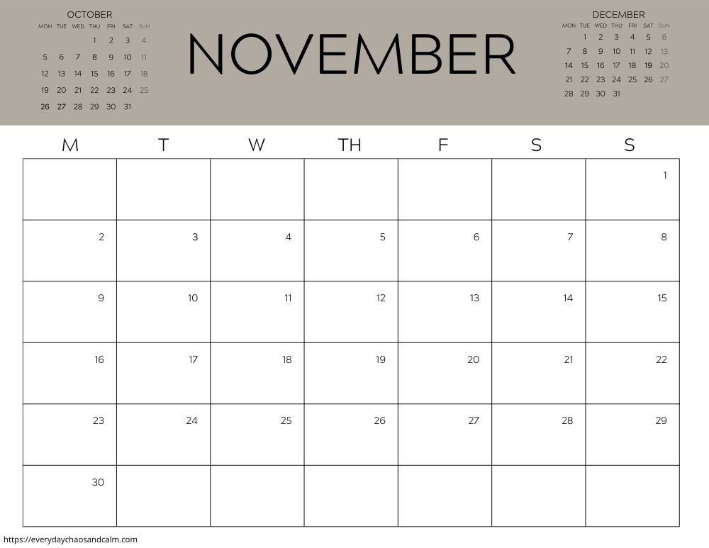 printable November 2026 calendar- monday start