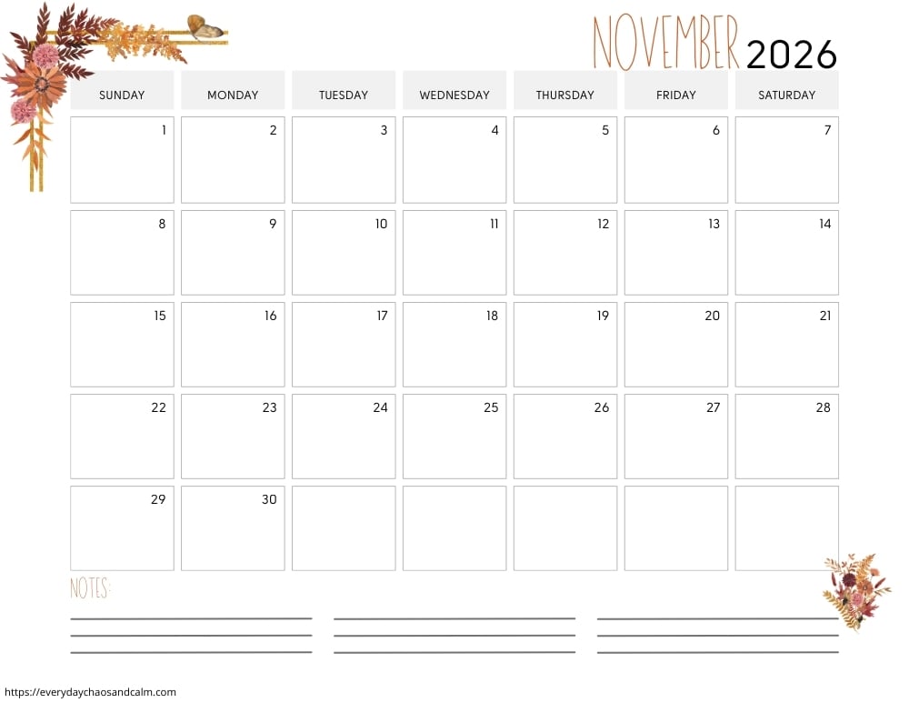 printable November 2026 calendar- sunday start
