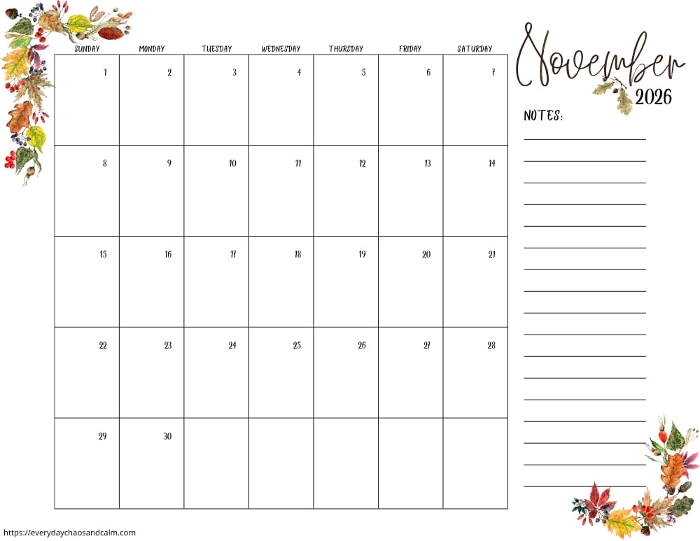 printable November 2026 calendar- sunday start