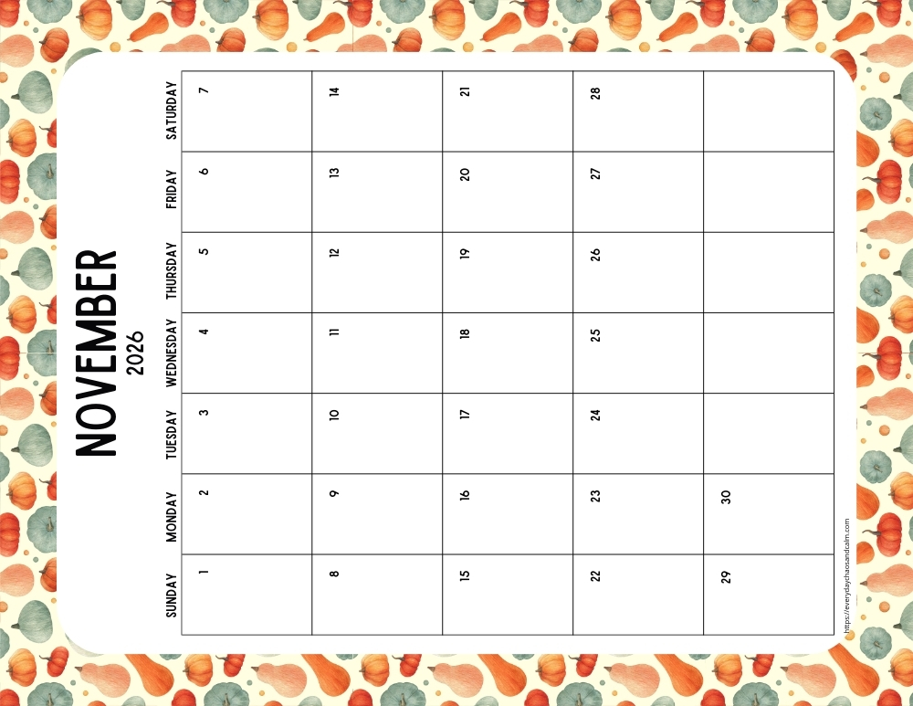 vertical printable November 2026 calendar- sunday start