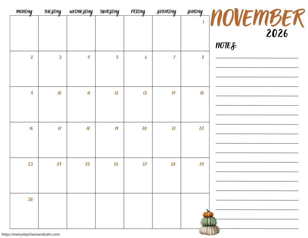 printable November 2026 calendar- monday start