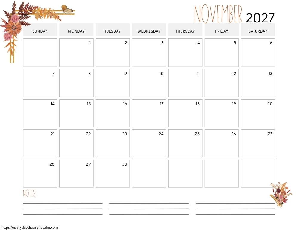 printable November 2027 calendar- sunday start