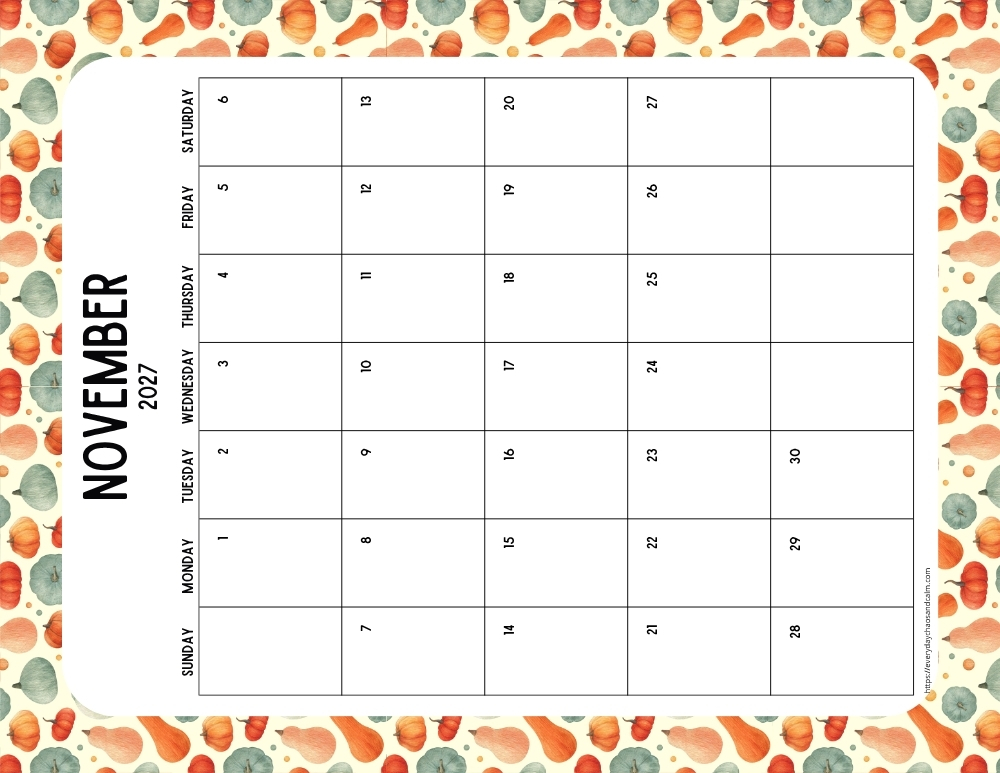 vertical printable November 2027 calendar- sunday start