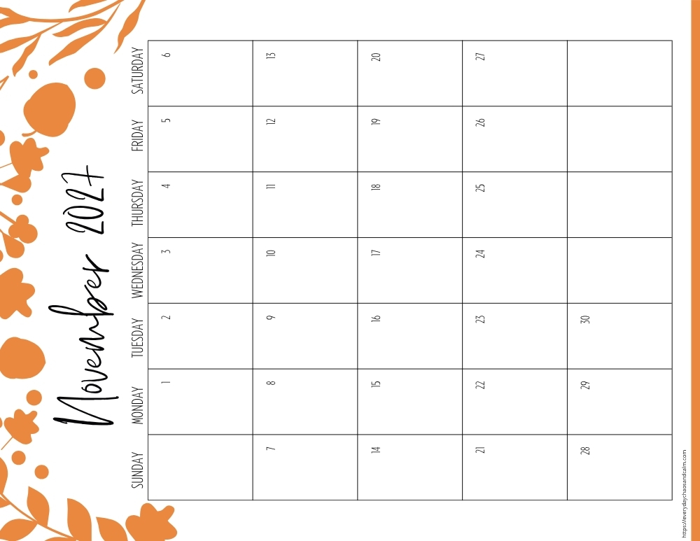 vertical printable November 2027 calendar- sunday start