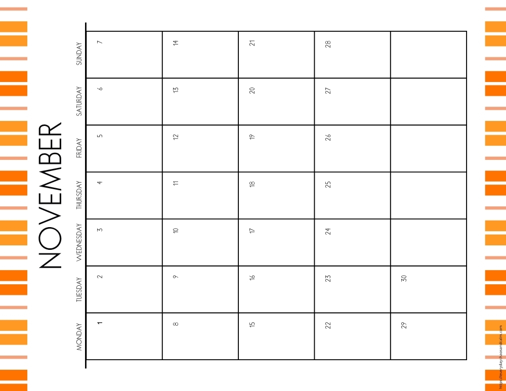 vertical printable November 2027 calendar- monday start