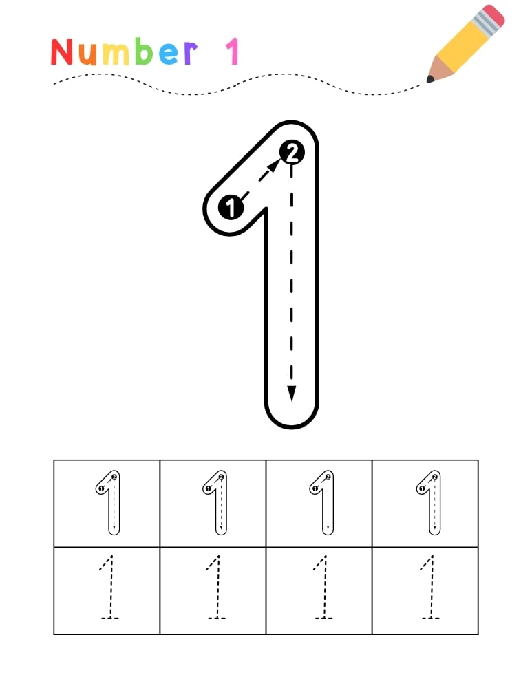 number 1 worksheet, tracing printable, PDF, instant download, kids