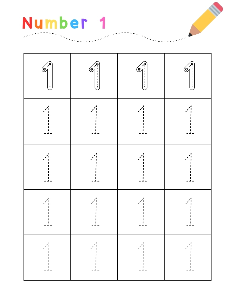 number 1 worksheet, math printable, PDF, instant download, kids