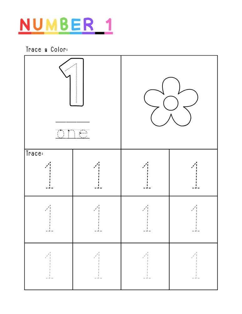 number 1 worksheet, counting practice, PDF, instant download, kids