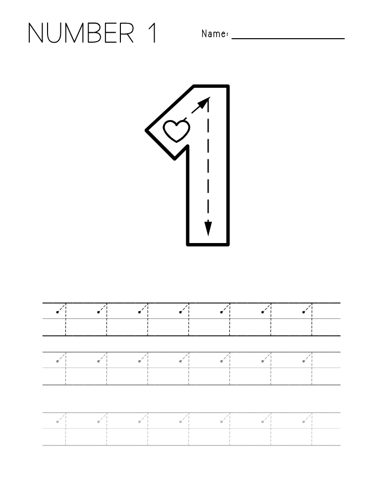 number 1 worksheet, handwriting printable, PDF, instant download, kids