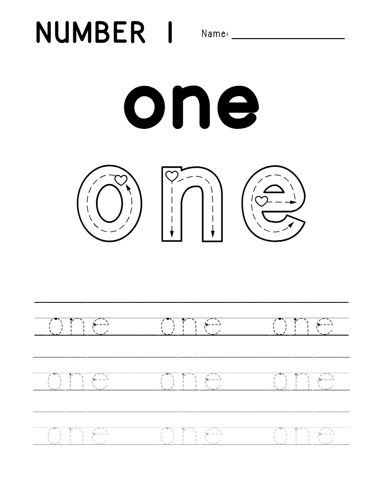 number 1 worksheet, number word printable, PDF, instant download, kids