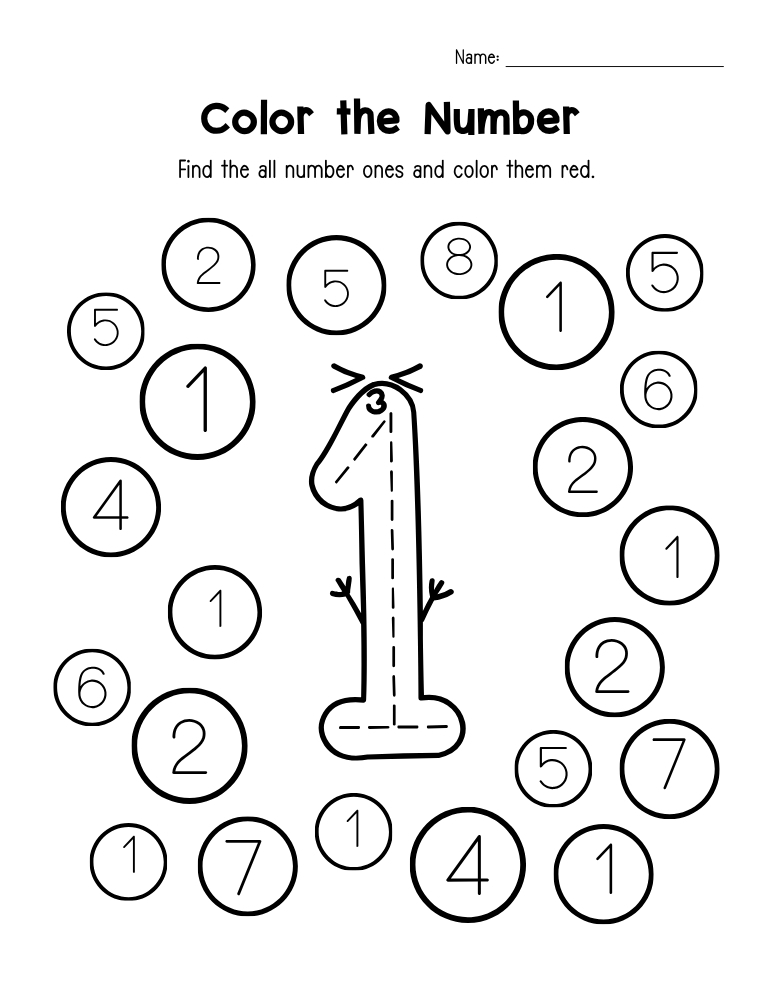 number 1 worksheet, recognition practice, PDF, instant download, kids