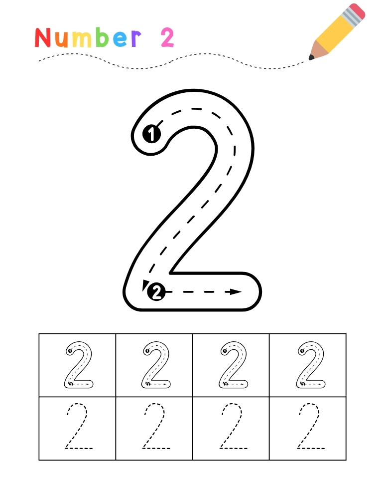 number 2 worksheet, tracing printable, PDF, instant download, kids