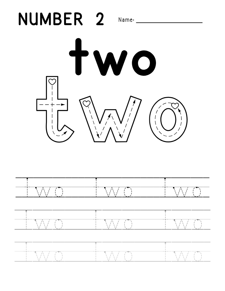 number 2 worksheet, number word printable, PDF, instant download, kids