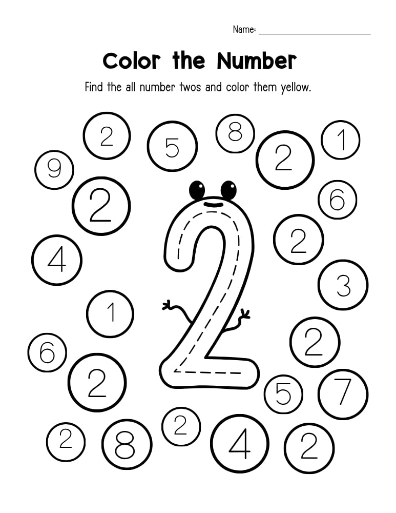 number 2 worksheet, recognition printable, PDF, instant download, kids