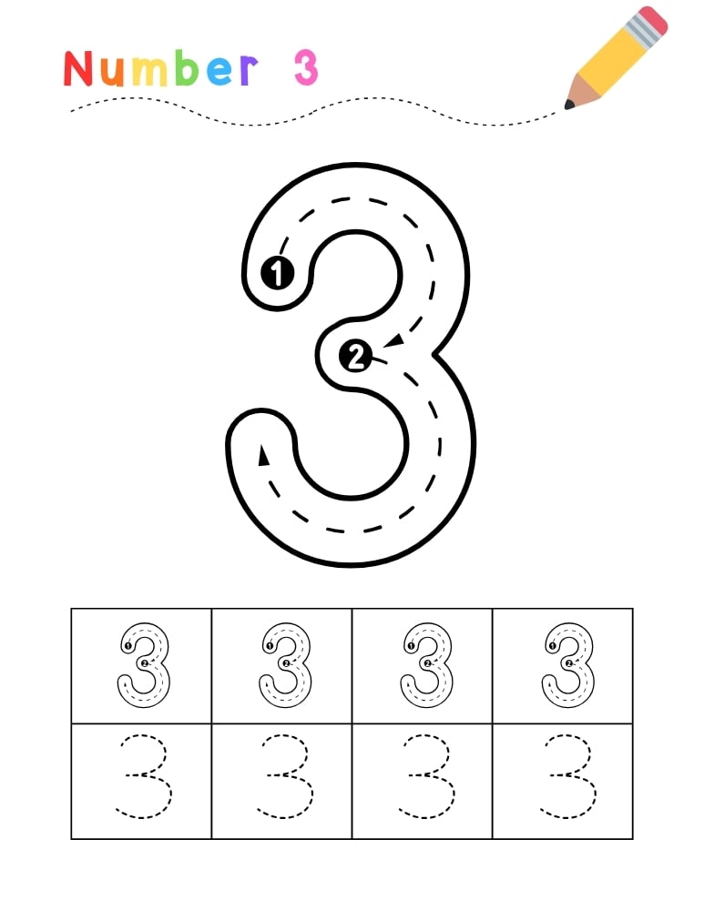 number 3 worksheet, tracing activity, PDF, instant download, kids