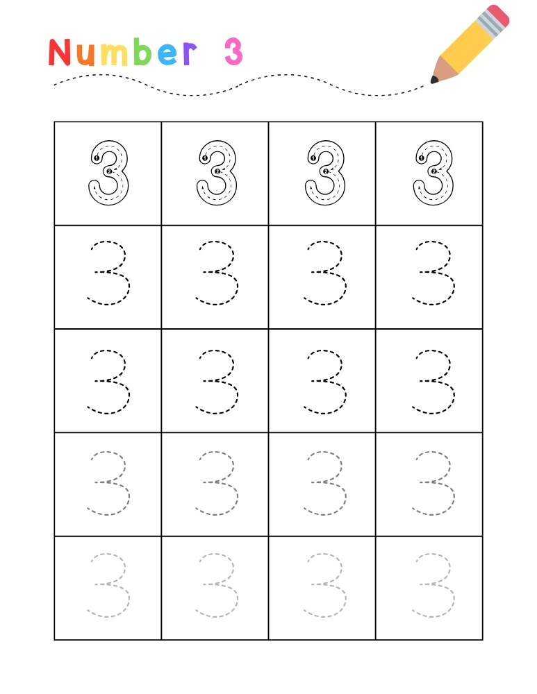 number 3 worksheet, handwriting printable, PDF, instant download, kids