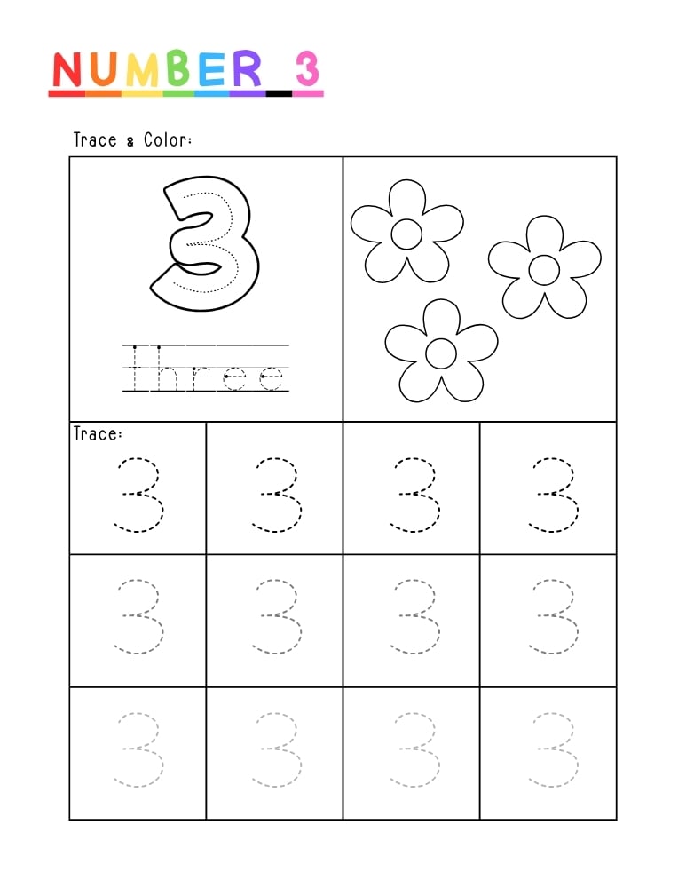 number 3 worksheet, coloring printable, PDF, instant download, kids