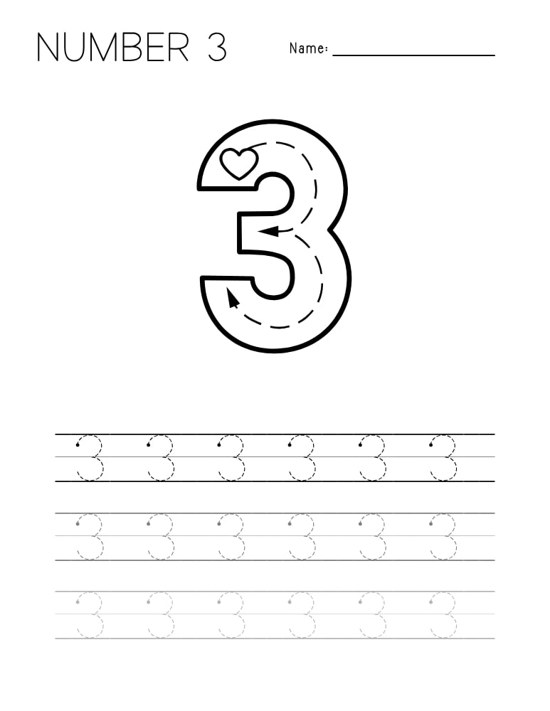number 3 worksheet, writing practice, PDF, instant download, kids