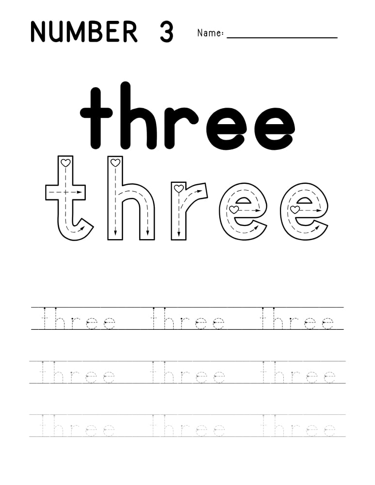 number 3 worksheet, number word printable, PDF, instant download, kids