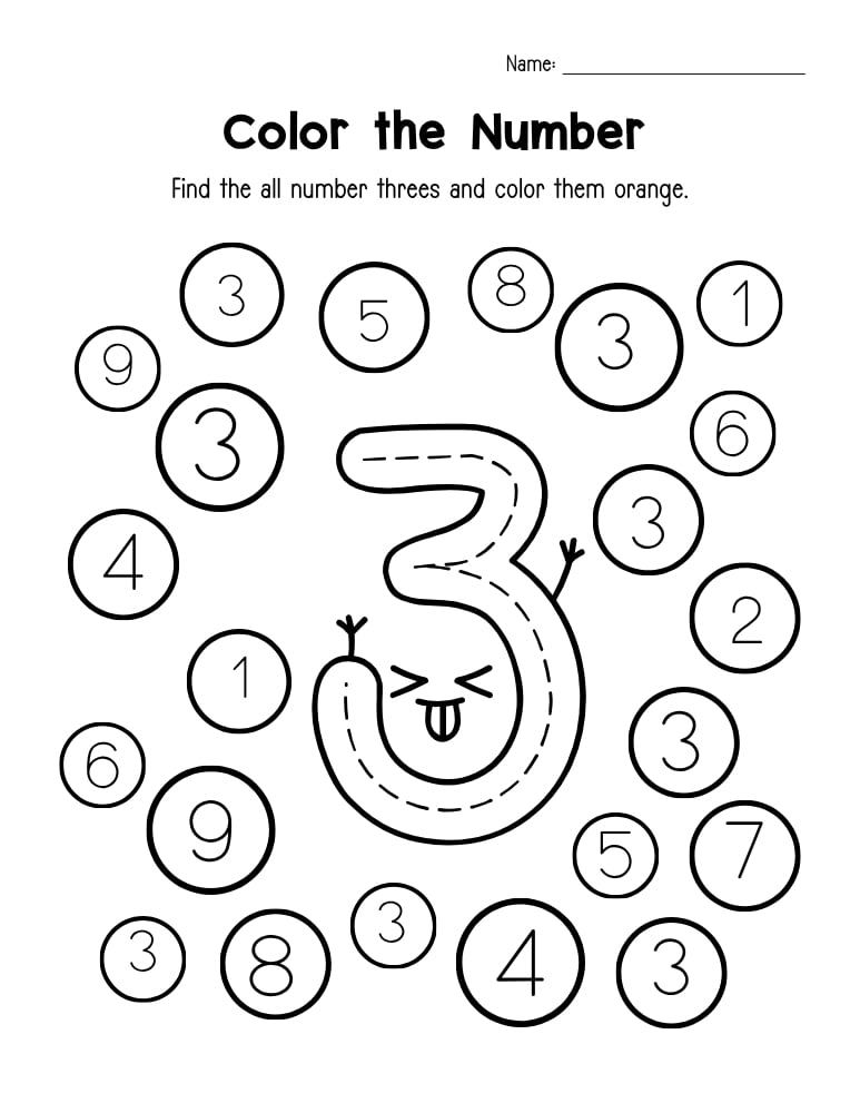 number 3 worksheet, recognition activity, PDF, instant download, kids