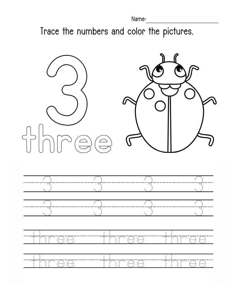 number 3 worksheet, math skills printable, PDF, instant download, kids
