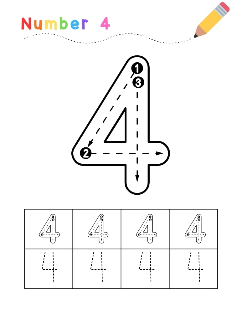 number 4 worksheet, tracing printable, PDF, instant download, kids