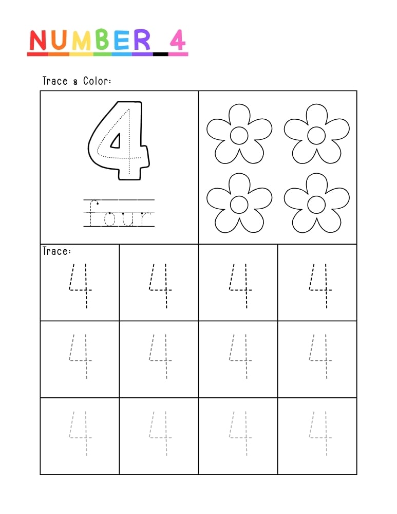 number 4 worksheet, coloring printable, PDF, instant download, kids
