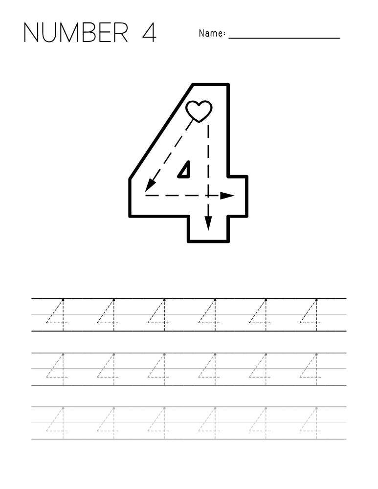 number 4 worksheet, writing practice, PDF, instant download, kids
