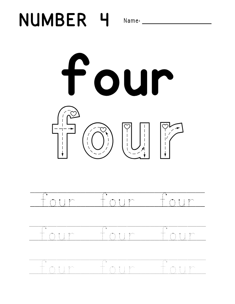 number 4 worksheet, number word printable, PDF, instant download, kids