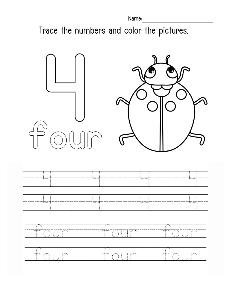 number 4 worksheet, math printable, PDF, instant download, kids