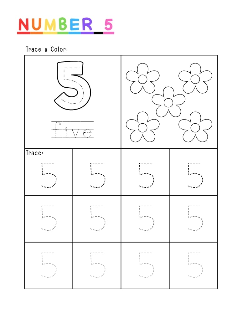 number 5 worksheet, coloring printable, PDF, instant download, kids