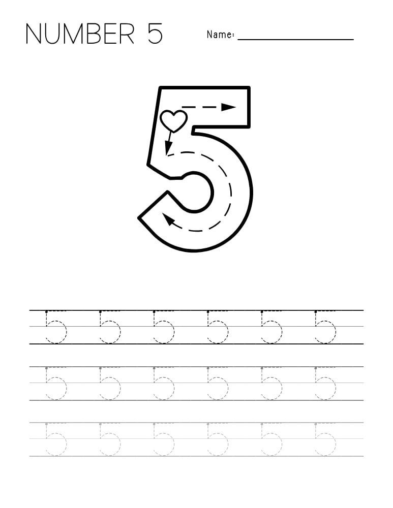 number 5 worksheet, writing practice, PDF, instant download, kids