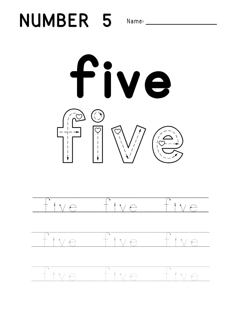 number 5 worksheet, number word printable, PDF, instant download, kids