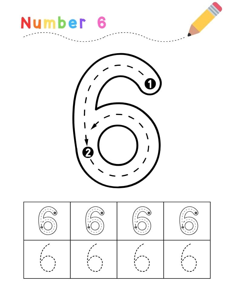 number 6 worksheet, tracing printable, PDF, instant download, kids