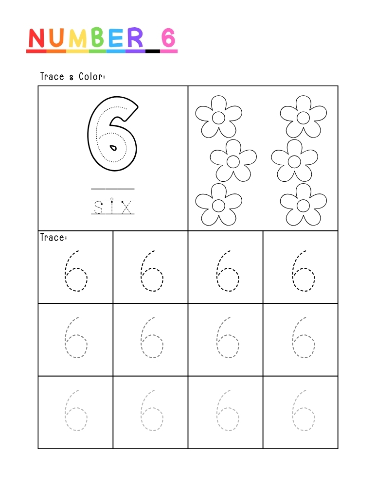 number 6 worksheet, coloring printable, PDF, instant download, kids
