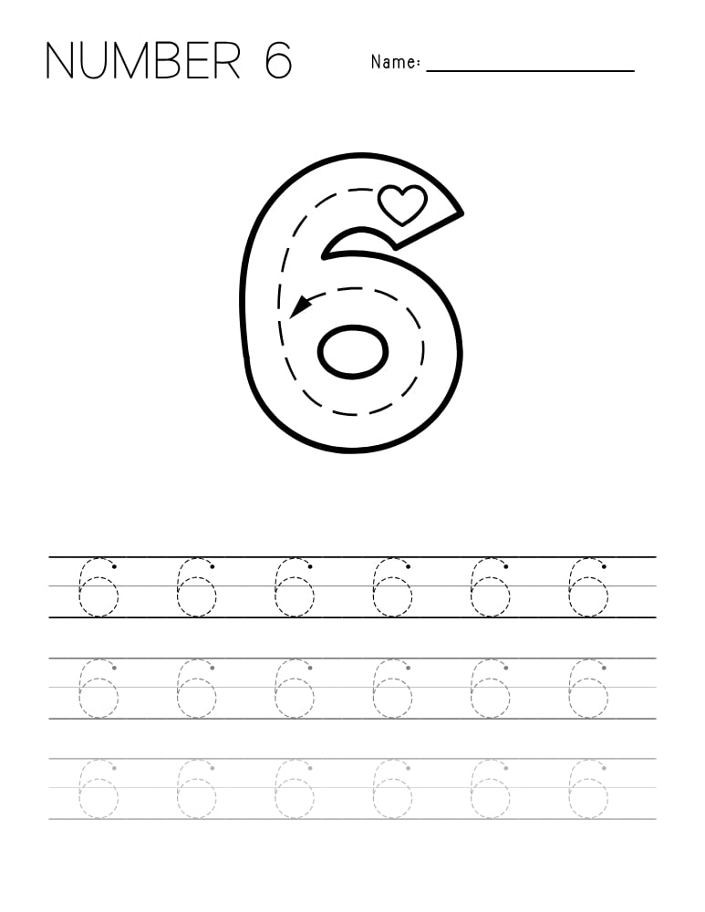 number 6 worksheet, writing practice, PDF, instant download, kids