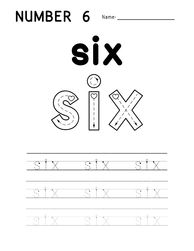 number 6 worksheet, number word printable, PDF, instant download, kids