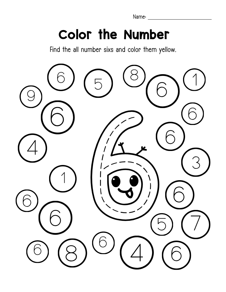 number 6 worksheet, recognition activity, PDF, instant download, kids