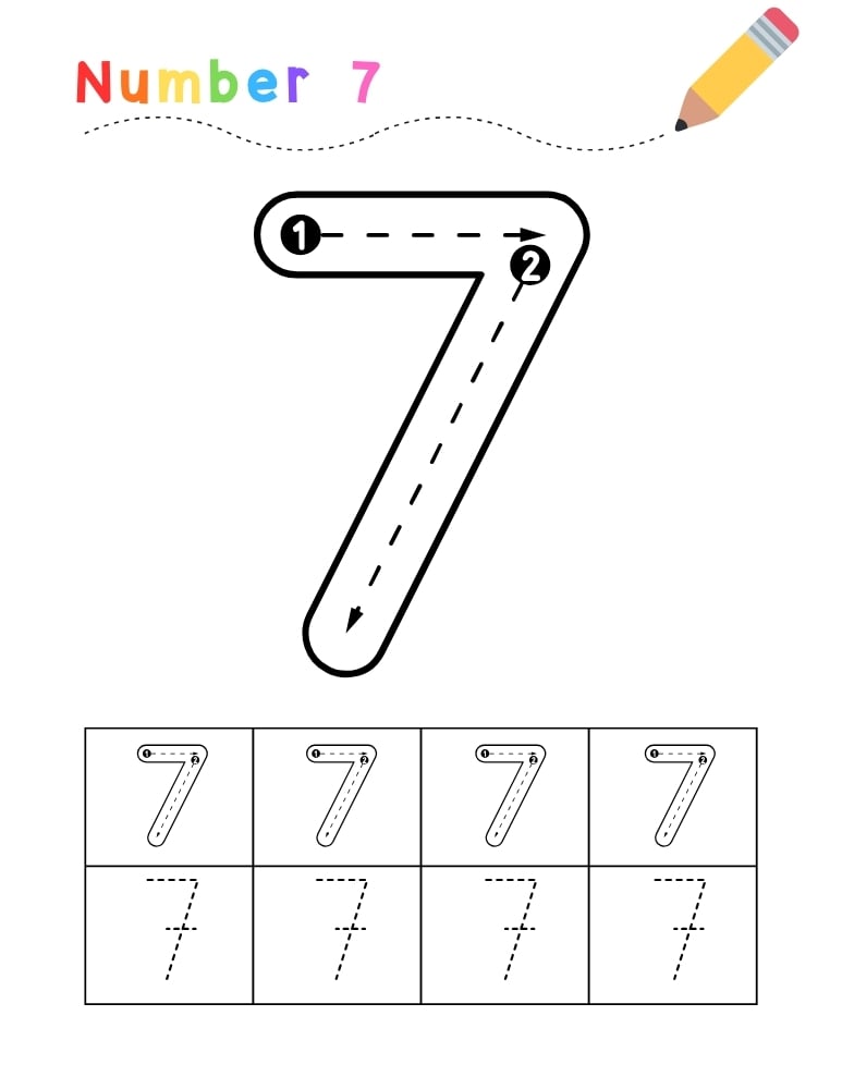 number 7 worksheet, tracing activity, PDF, instant download, kids