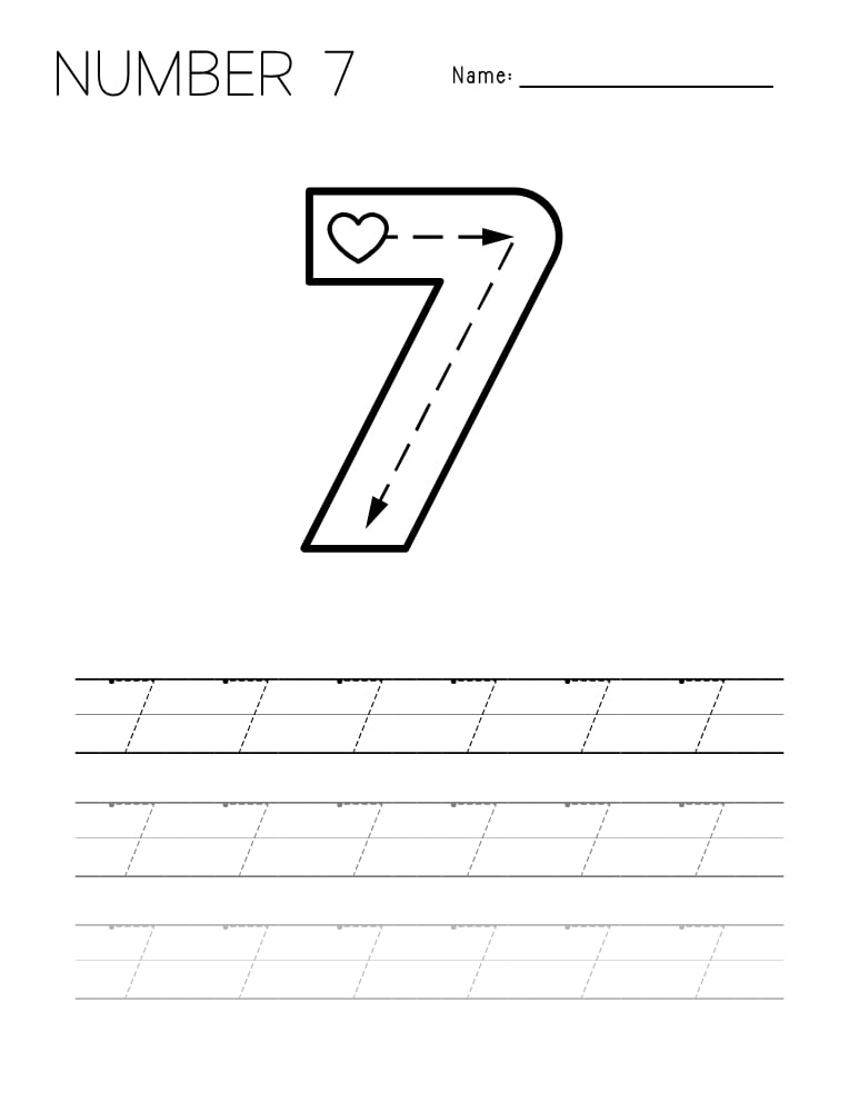 number 7 worksheet, writing practice, PDF, instant download, kids