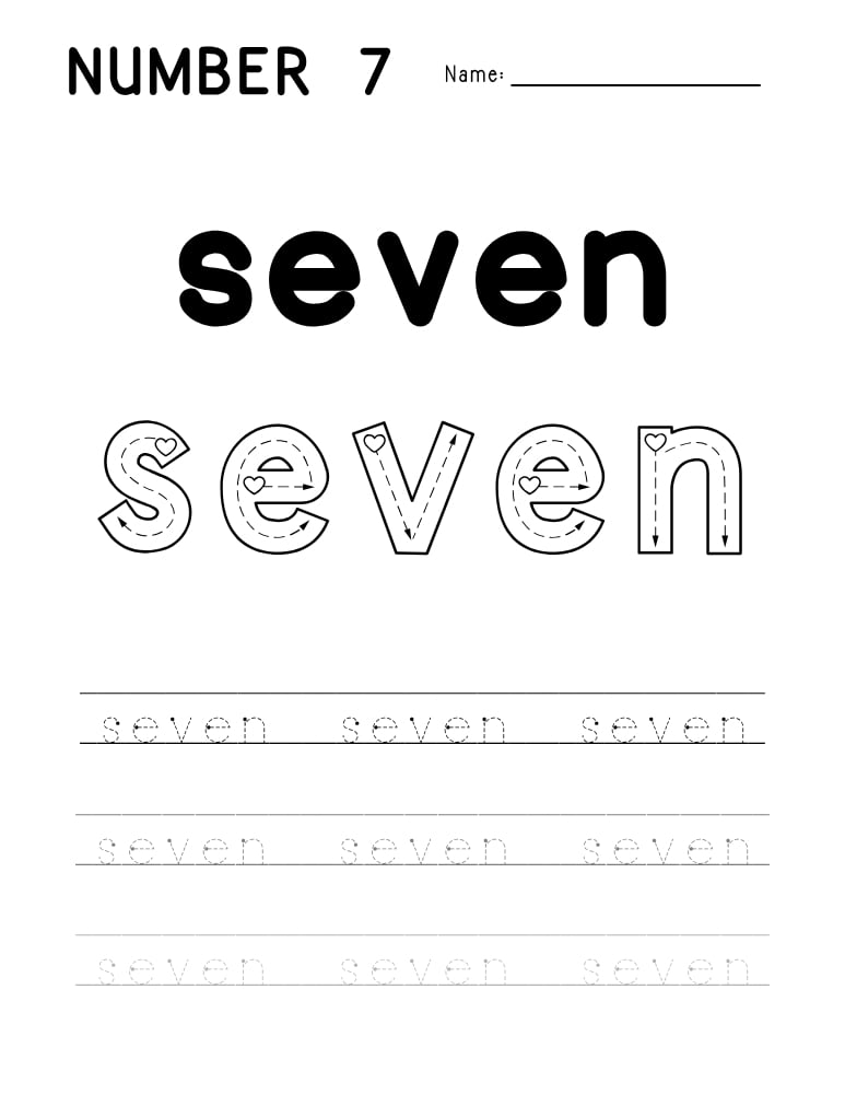 number 7 worksheet, number word printable, PDF, instant download, kids