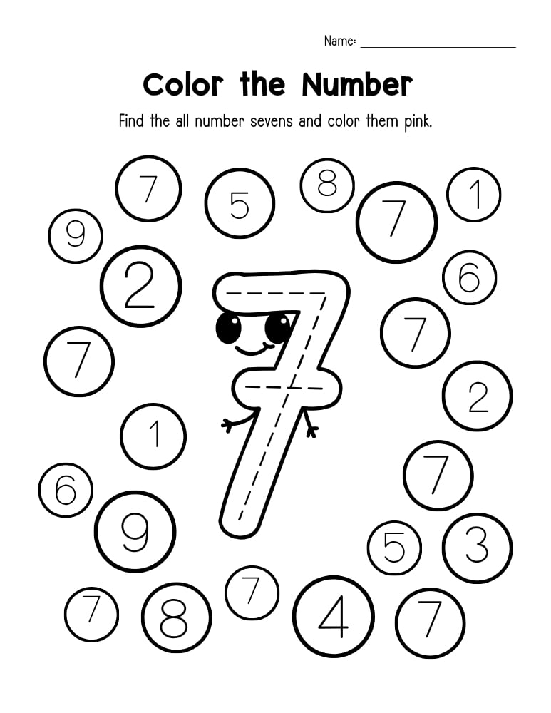 number 7 worksheet, recognition practice, PDF, instant download, kids