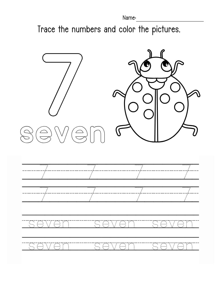 number 7 worksheet, math printable, PDF, instant download, kids