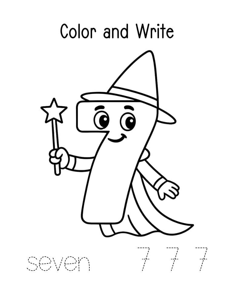 number 7 worksheet, coloring page, PDF, instant download, kids
