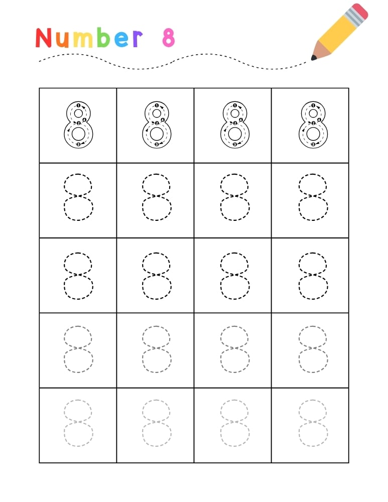number 8 worksheet, handwriting practice, PDF, instant download, kids